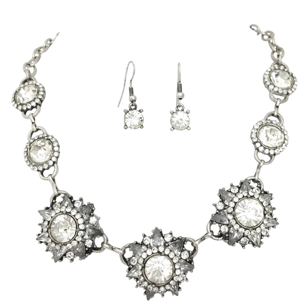 Clear Rhinestone Starburst Necklace Earrings Set